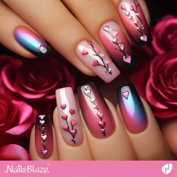 Gradient Effect Nails with Heart Design for Valentine